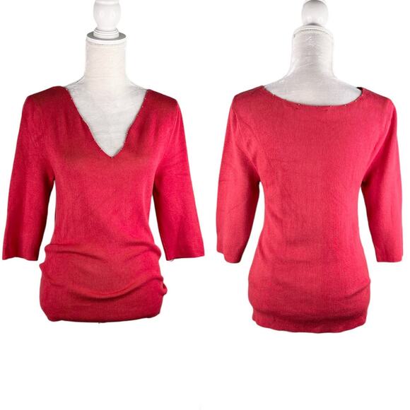 Soft Surroundings Pimi Sweater Medium Red V-Neck Gold Beads - Picture 1 of 16